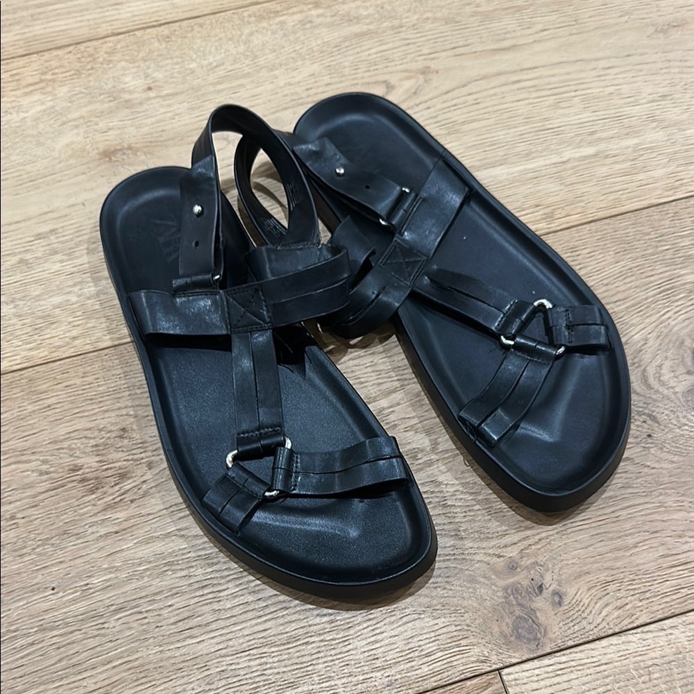 Zara Black Leather Sandals men’s 44 size US 11 - Picture 2 of 5